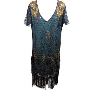 Fundaisy 1920s Flapper Dress Costume Set Green Gold Sequin Fringe Plus Size 3XL